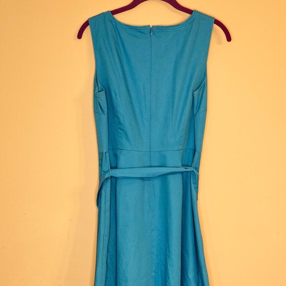 Women's Talbots Turquoise Embroidered Sateen Fit & Flare Tie Waist Dress Size 8P - Picture 2 of 8